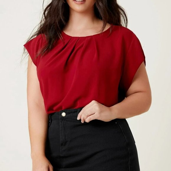 SHEIN Tops - SHEIN Plus Fold Pleated Solid Top in Burgundy, Size 2XL UK 20
